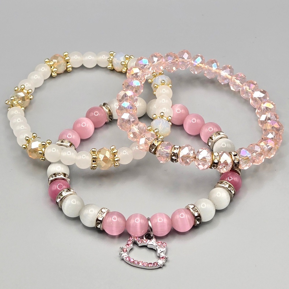 Hello Kitty Charm Beaded Bracelet Set 3pc Pink White Cat Eye Glass Stretch